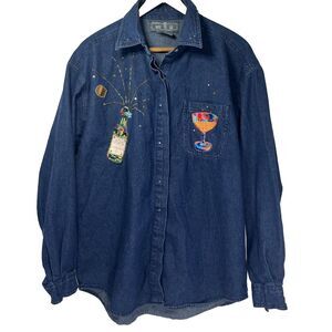 Celebrate Denim Button Up Shirt Med Bling Toast New Years Way to Go Vintage Part